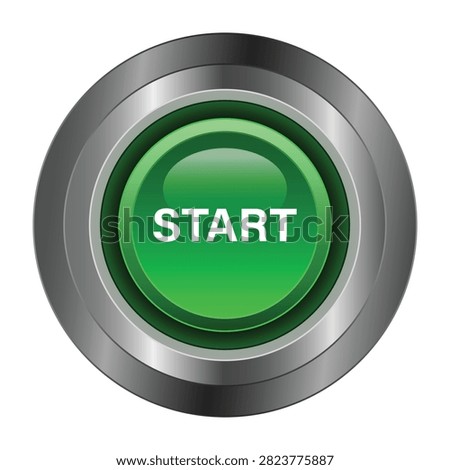 Realistic metallic start button featuring glossy green circular interface design suitable for applications dashboards websites software controls industrial systems digital navigation and technology themed graphic resources