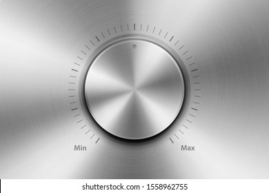 Realistic Metallic Steel Chrome Silver Knob. Design Template of Metal Textured Circle Button Closeup. Circular Processing, Power Volume Playback Control, Mininmum, Maximum. Stock Vector Illustration