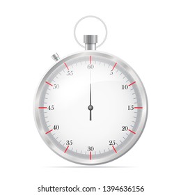 Realistic metallic stopwatch, close-up front view of stopwatch, time concept, 3d realistic vector illustration, isolated on white background