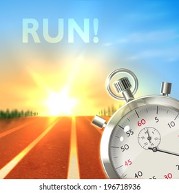 Realistic metallic stopwatch and running track sport poster illustration