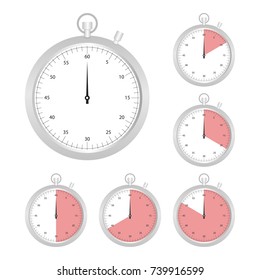 Realistic metallic stopwatch set. Vector illustration isolated on white background.