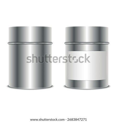Realistic metallic tin can mockup 3d vector with glossy steel texture and blank white label, isolated packaging template for tea, coffee, powder, herbs, cosmetics or food branding design presentation.