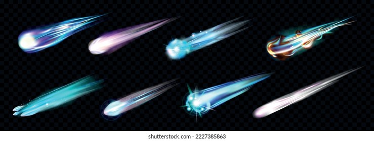 Realistic meteor set with isolated and colorful space wanderer icons with neon colors on transparent background vector illustration