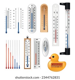 Realistic meteorology indoor thermometer set with isolated images of household temperature meters for air and water vector illustration