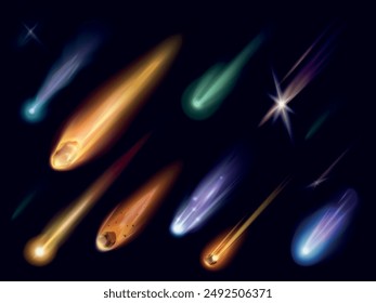 Realistic meteors. 3d falling asteroids isolated meteoroid flying in universe, fire comet fantasy colorful asteroid shower space object rocket explosion, exact vector illustration authors graphics