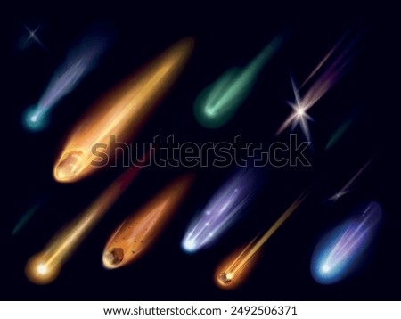 Realistic meteors. 3d falling asteroids isolated meteoroid flying in universe, fire comet fantasy colorful asteroid shower space object rocket explosion, exact vector illustration authors graphics