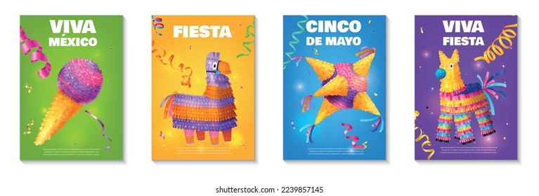 Realistic mexican cinco de mayo pinata poster set isolated vector illustration