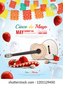 Realistic mexican holiday cinco de mayo composition with sombrero maracas guitar balloons vector illustration