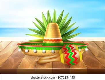 Realistic mexican maracas, sombrero hat, tropical leaf wooden flooring sand beach on seaside underblue sky. Vacation, cinco de mayo holiday mexica poster, banner design objects. Vector illustration