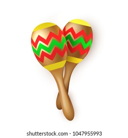 Realistic mexican maracas. Wooden latin musical instrument, culture festival party symbol. Vector illustration isolated. Carnival decorated rhythm drums. Cinco de mayo 3d holiday object.