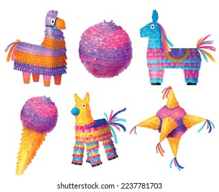 Realistic mexican pinatas in different shapes icons set isolated vector illustration