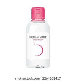 Realistic micellar water makeup remover bottle with pink cap. Mockup vector illustration in trendy flat 3d design style. Editable graphic resources for many purposes.