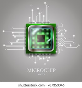 Realistic microchip with electronic schematic on the gray background. Vector Illustration.