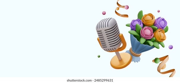 Realistic microphone, bouquet of flowers, confetti. Festive music concept