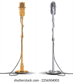 Realistic microphones professional metal mics with wire on holder vector