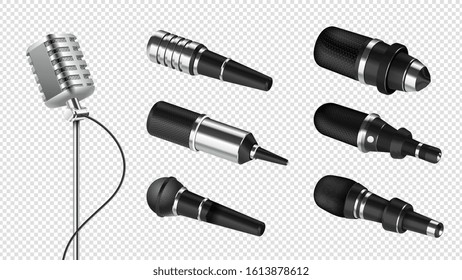Realistic microphones. Sound studio equipment. Professional microphone for speech, karaoke or radio. Isolated 3d silver mic vector set