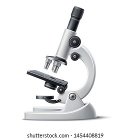 Realistic microscope. 3d chemistry, pharmaceutical instrument, microbiology magnifying tool. Symbol of science, chemistry and exploration. Vector lab microscope