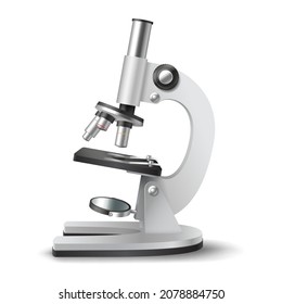 Realistic microscope. 3d chemistry, pharmaceutical instrument, microbiology magnifying tool. Symbol of science, chemistry and exploration. Lab microscope icon. Vector illustration