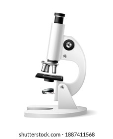 Realistic microscope. 3d laboratory optical white equipment scientific research device, microbiological analysis, multiple zoom, magnifying tool vector isolated on white background single illustration