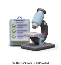 Realistic microscope in blue and black colors and clipboard with checklist