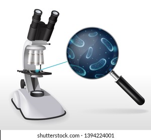 Realistic microscope composition with images of hand magnifier lens with microbes and laboratory equipment binocular glass vector illustration