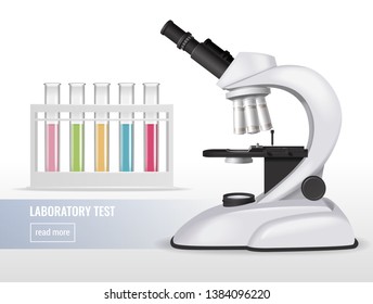 Realistic microscope composition with laboratory test tubes colourful liquids and editable text with read more button vector illustration