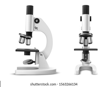 Realistic microscope side and front view. 3d lab or laboratory tool for magnifying. Magnification item for biology and chemical, medical research. White and black instrument for focusing. Macro lens - Shutterstock ID 1563266134