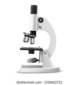 Realistic microscope side view. 3d lab or laboratory tool for magnifying. Magnification item for biology and chemical, medical research. White and black instrument for focusing. Macro lens