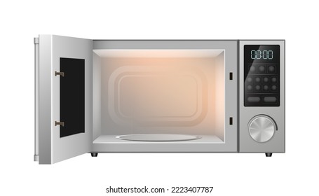 Realistic microwave with open door. Modern kitchen appliance. Domestic electronic household equipment with control panel. Electrical stove for cooking, heating or defrosting food. Vector illustration