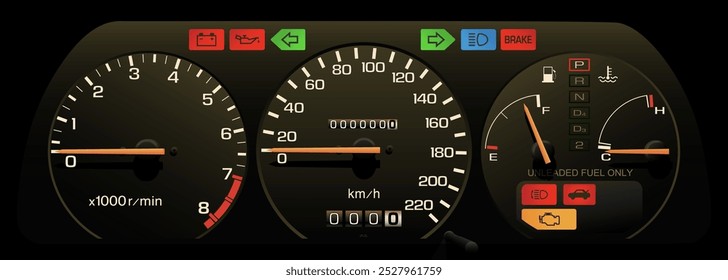 Realistic mid 80s era European specs sport lift back car instrument panel with programmed fuel injection and automatic transmission illustration vector.