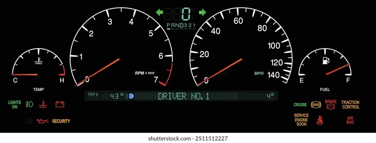 Painel de instrumentos de carro americano realista em meados dos anos 90 nas especificações dos EUA com vetor de ilustração.