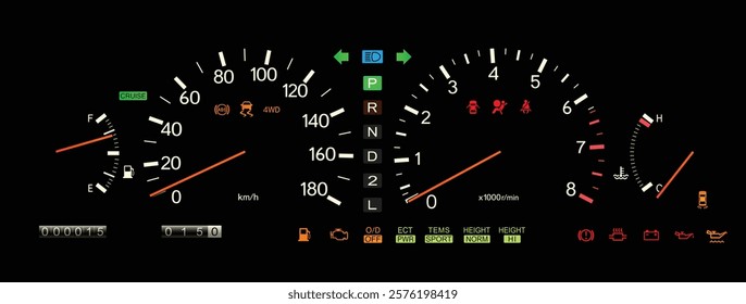 Realistic mid 90s Japanese large sedan electroluminescent gauge cluster in V8 gasoline engine and electronically controlled automatic transmission 4WS with cruise control illustration vector.