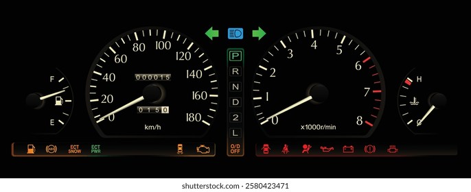 Realistic mid 90s Japanese luxury car gauge cluster in electronically controlled automatic transmission and gasoline engine with low redline range illustration vector.