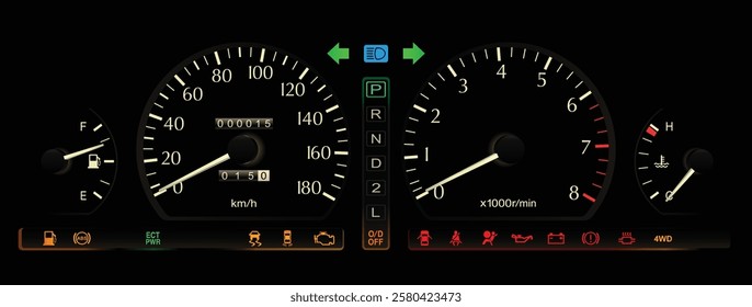 Realistic mid 90s Japanese luxury car gauge cluster in 4WD specs electronically controlled automatic transmission and gasoline engine with single drive mode indicator light illustration vector.