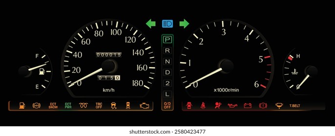 Realistic mid 90s Japanese luxury car gauge cluster in top specs electronically controlled automatic transmission and turbo diesel engine with traction control illustration vector.