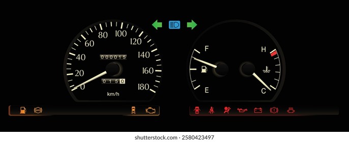 Realistic mid 90s Japanese luxury car gauge cluster in lower specs manual transmission and gasoline engine without tachometer illustration vector.