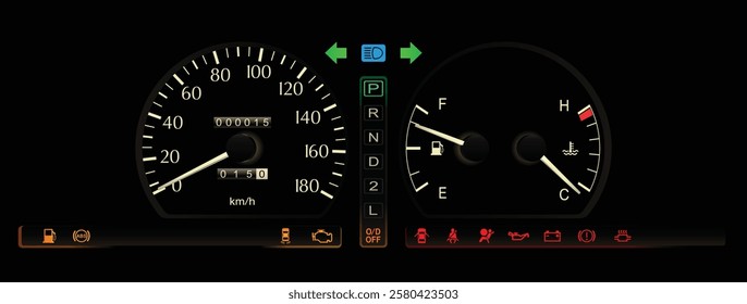 Realistic mid 90s Japanese luxury car gauge cluster in lower specs automatic transmission and gasoline engine without tachometer illustration vector.