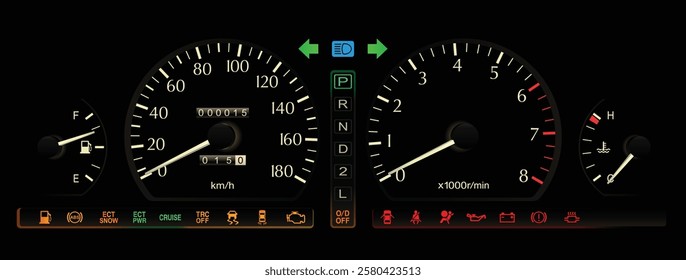 Realistic mid 90s Japanese luxury car gauge cluster in top specs electronically controlled automatic transmission and gasoline engine with cruise and traction control illustration vector.