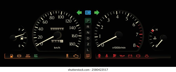 Realistic mid 90s Japanese luxury car gauge cluster in electronically controlled automatic transmission and gasoline engine illustration vector.