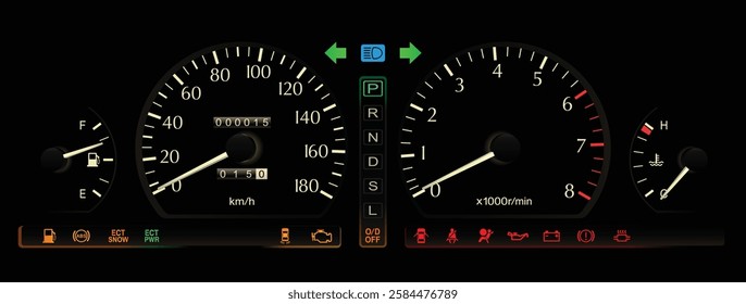 Realistic mid 90s Japanese luxury car gauge cluster in electronically controlled 5 speed automatic transmission with S mode selector and gasoline engine illustration vector.