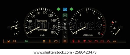 Realistic mid 90s Japanese luxury car gauge cluster in 4WD specs electronically controlled automatic transmission and gasoline engine with single drive mode indicator light illustration vector.