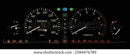 Realistic mid 90s Japanese luxury car gauge cluster in electronically controlled 5 speed automatic transmission with S mode selector and gasoline engine illustration vector.