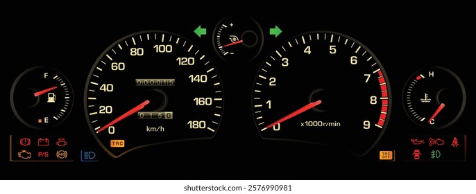 Realistic mid 90s Japanese midship sport coupe gauge cluster in turbo intercooler gasoline engine manual gearbox included traction and seatbelt warning illustration vector.