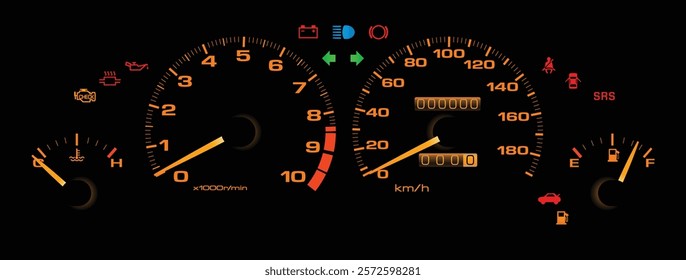 Realistic mid 90s Japanese sedan high rev limiter sport themed instrument cluster with fuel injected gasoline engine and manual gearbox with exhaust gas temp warning light illustration vector.