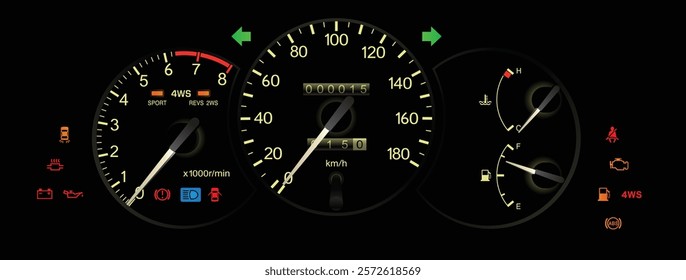 Realistic mid 90s Japanese sport coupe gauge cluster in fuel injected gasoline engine and manual gearbox with 4 wheels steering included traction control lamp illustration vector.