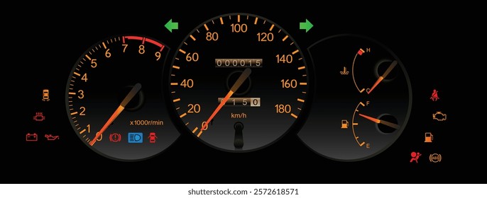 Realistic mid 90s Japanese sport coupe white orange sport themed gauge cluster in high performance manual gearbox illustration vector.