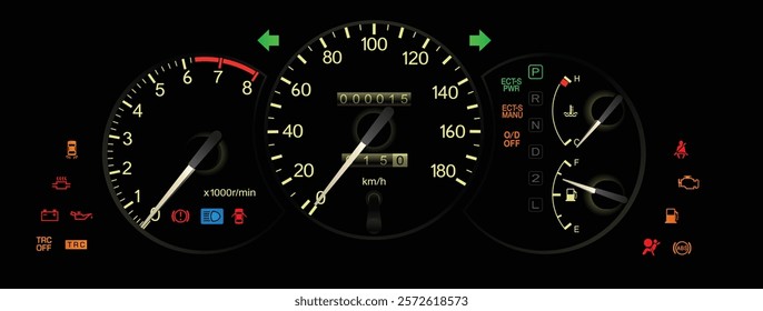 Realistic mid 90s Japanese sport coupe gauge cluster in fuel injected gasoline engine and electronic control auto gearbox with traction control lamp illustration vector.