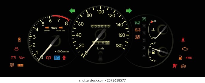 Realistic mid 90s Japanese sport coupe gauge cluster in fuel injected gasoline engine and electronic control auto gearbox with 4 wheels steering included traction control lamp illustration vector.