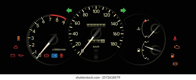 Realistic mid 90s Japanese sport coupe gauge cluster in fuel injected gasoline engine and manual gearbox included traction control lamp illustration vector.