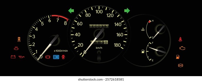 Realistic mid 90s Japanese sport coupe gauge cluster in natural aspirated fuel injected gasoline engine and manual gearbox illustration vector.